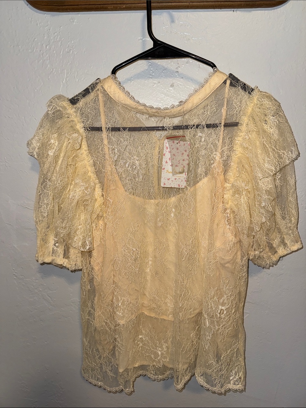 Free People Cream Lace Puff Sleeve Sheer Top